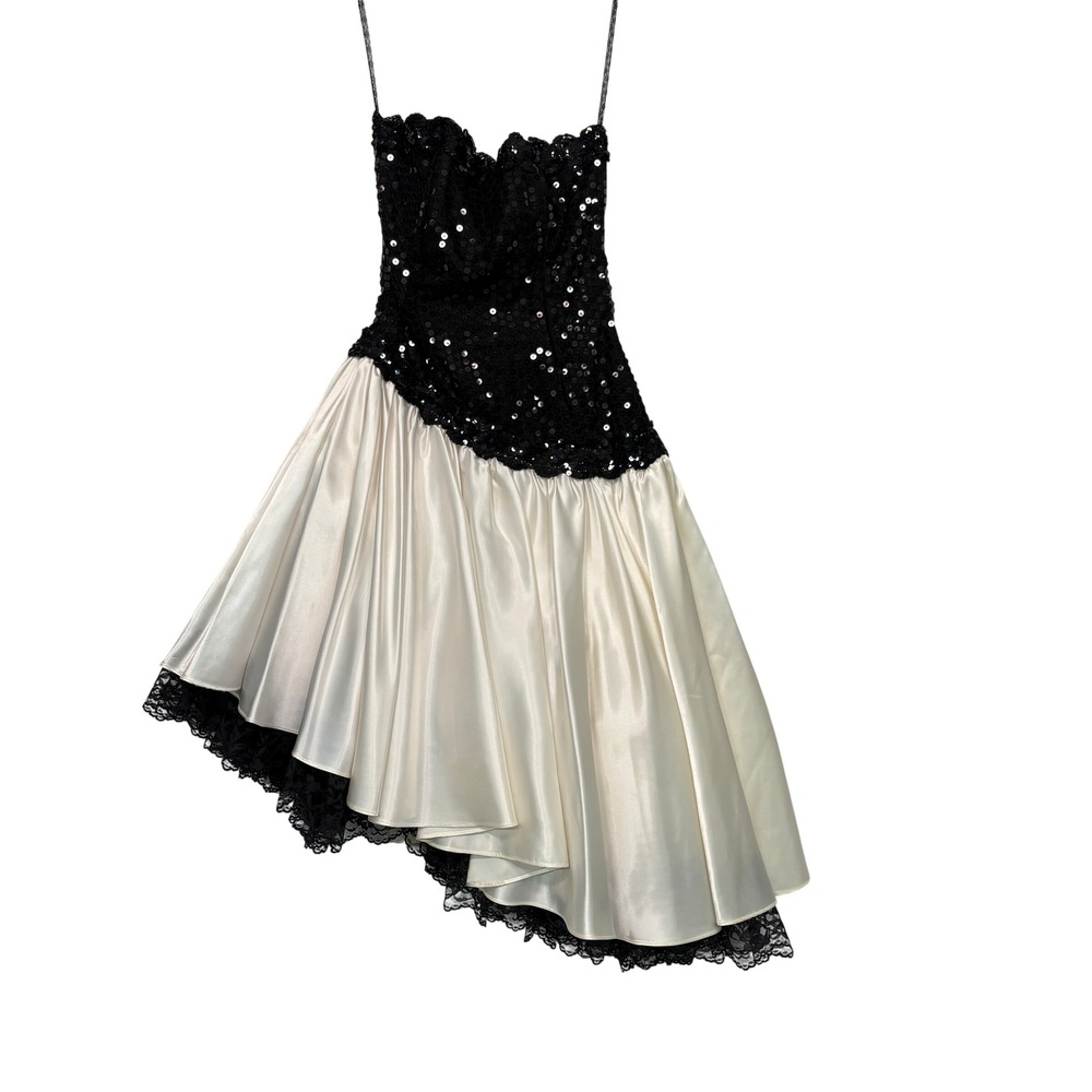 Zum Zum Womens Vintage 80s Prom Dress S Black White Sequin Lace Asymmetrical